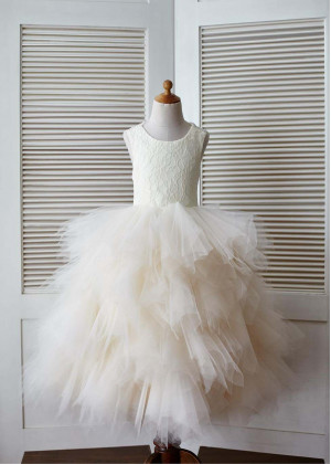 Champagne Lace Ruffled Tulle Cross Back Flower Girl Dress